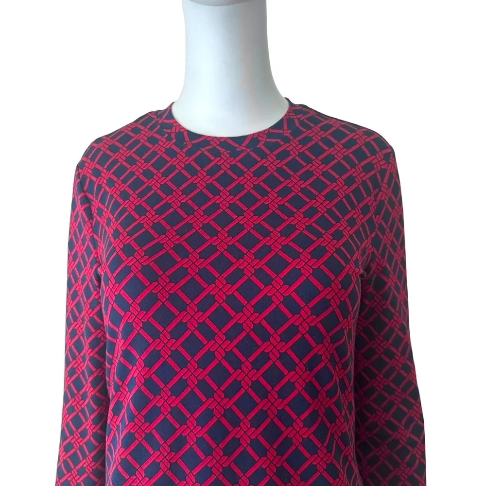 BROOKS BROTHERS Knit Top Long Sleeve Trellis Print Round Neck Red Navy Blue - Picture 4 of 12